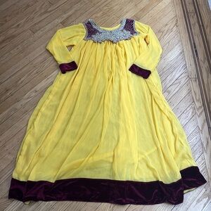 Yellow Chiffon Indian Anarkali Dress Red Velvet Trim Beaded M